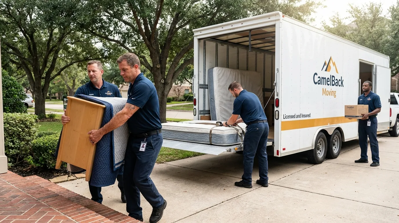 Crew loading residential truck for cross-state move from Gillett, WI