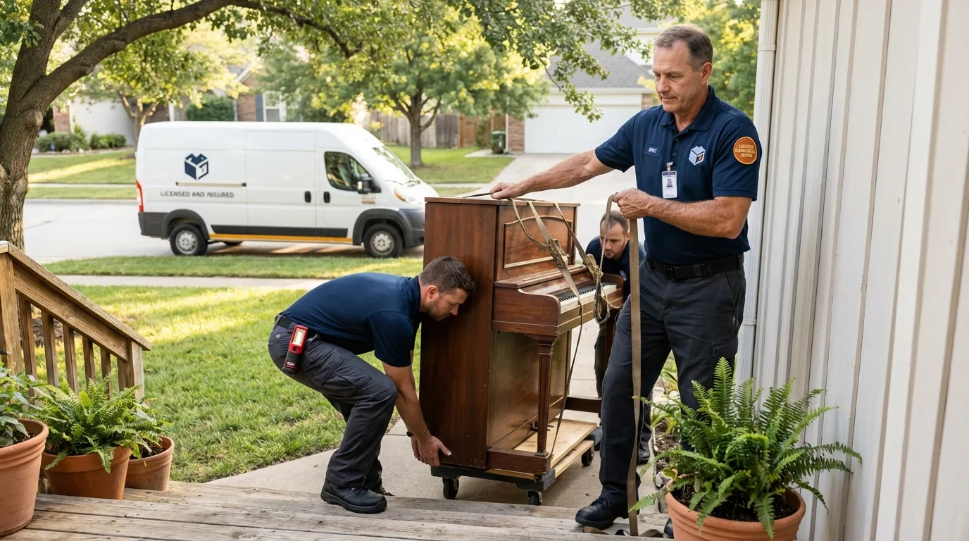 Licensed piano movers securing grand piano in Gillett, WI