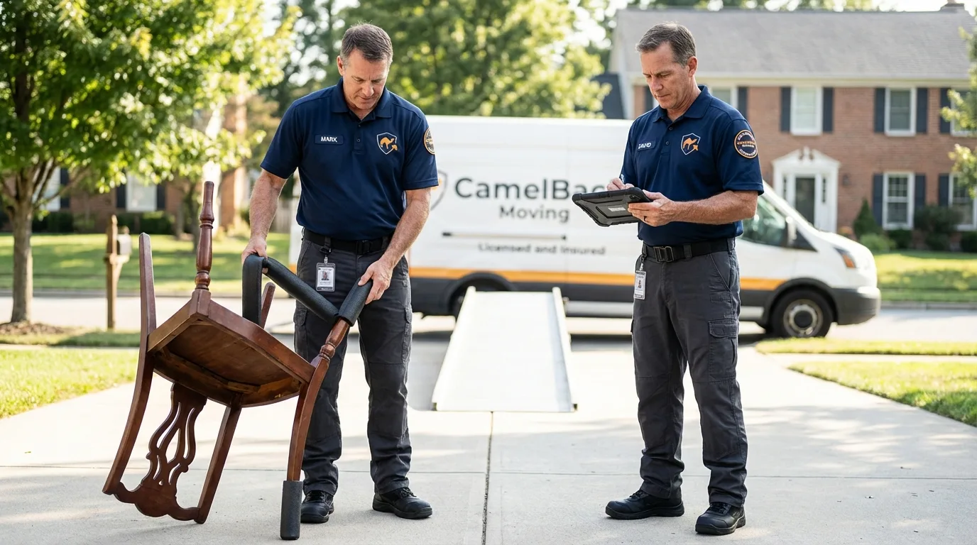 Movers inspecting furniture for damage prevention before loading in Gillett, WI