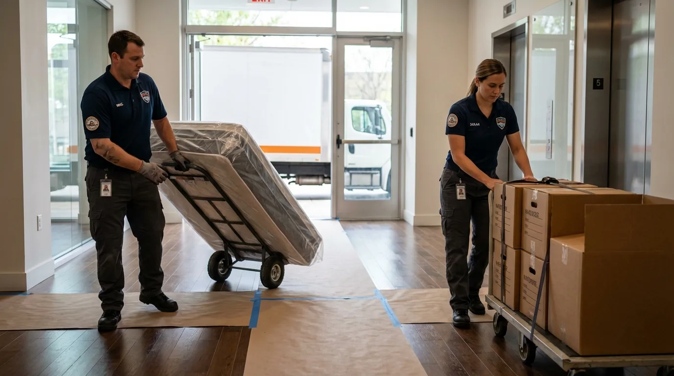 Professional apartment movers loading elevator in Gillett, WI