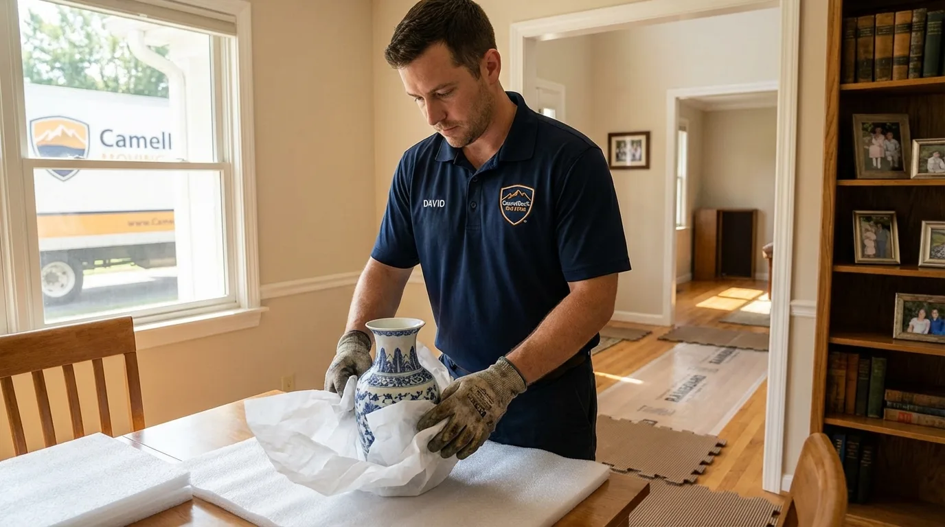 Professional crew carefully wrapping antique vase for senior downsizing move in Gillett, WI
