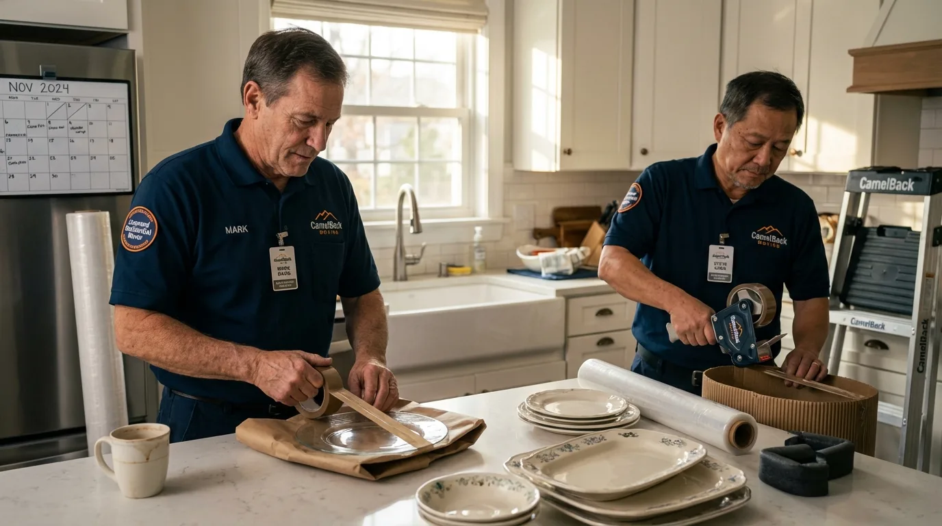 Professional crew packing kitchen dishware in Gillett, WI